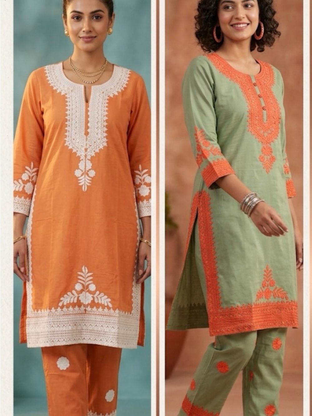 Lakhnavi Light Green Tunic with Bright Orange Embroidery work